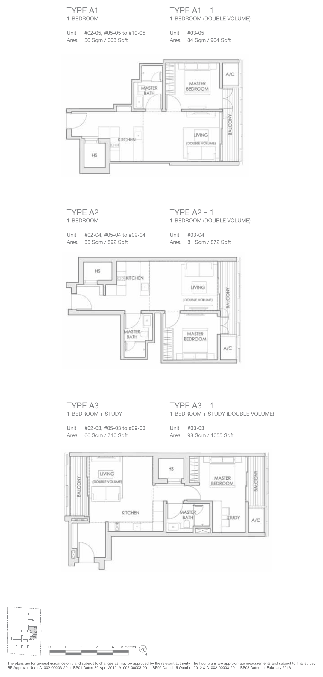 Types A1, A1-1, A2, A2-1, A3 and A3-1 · 1-Bedroom